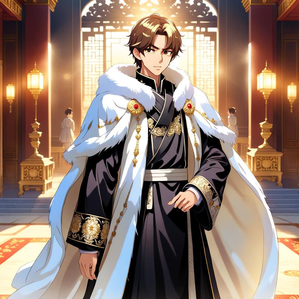 Anime King in Palace with Fur Cloak