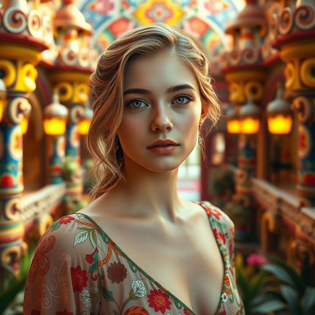 Gaudi-Inspired Portrait of a Confident Young Woman in a Vibr...