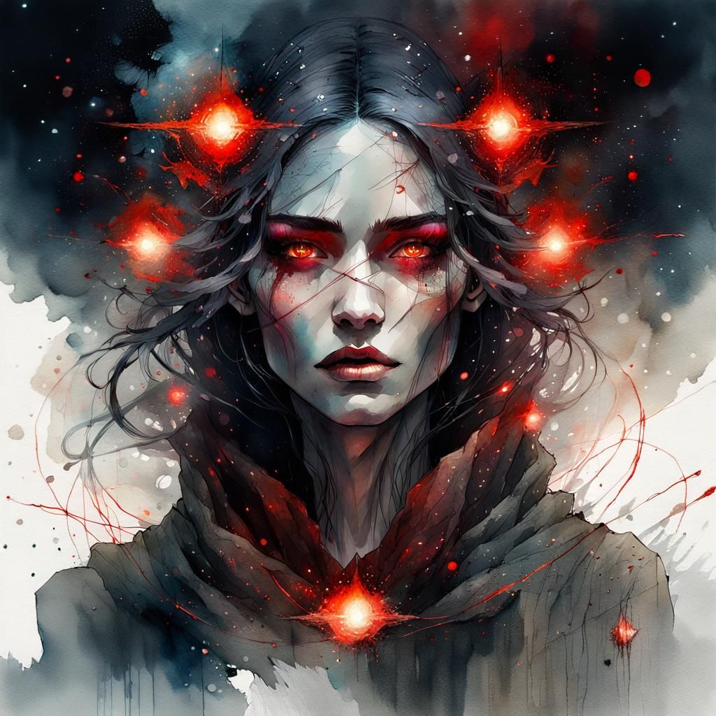 Fog Queen: Digital Watercolor Goddess of Darkness