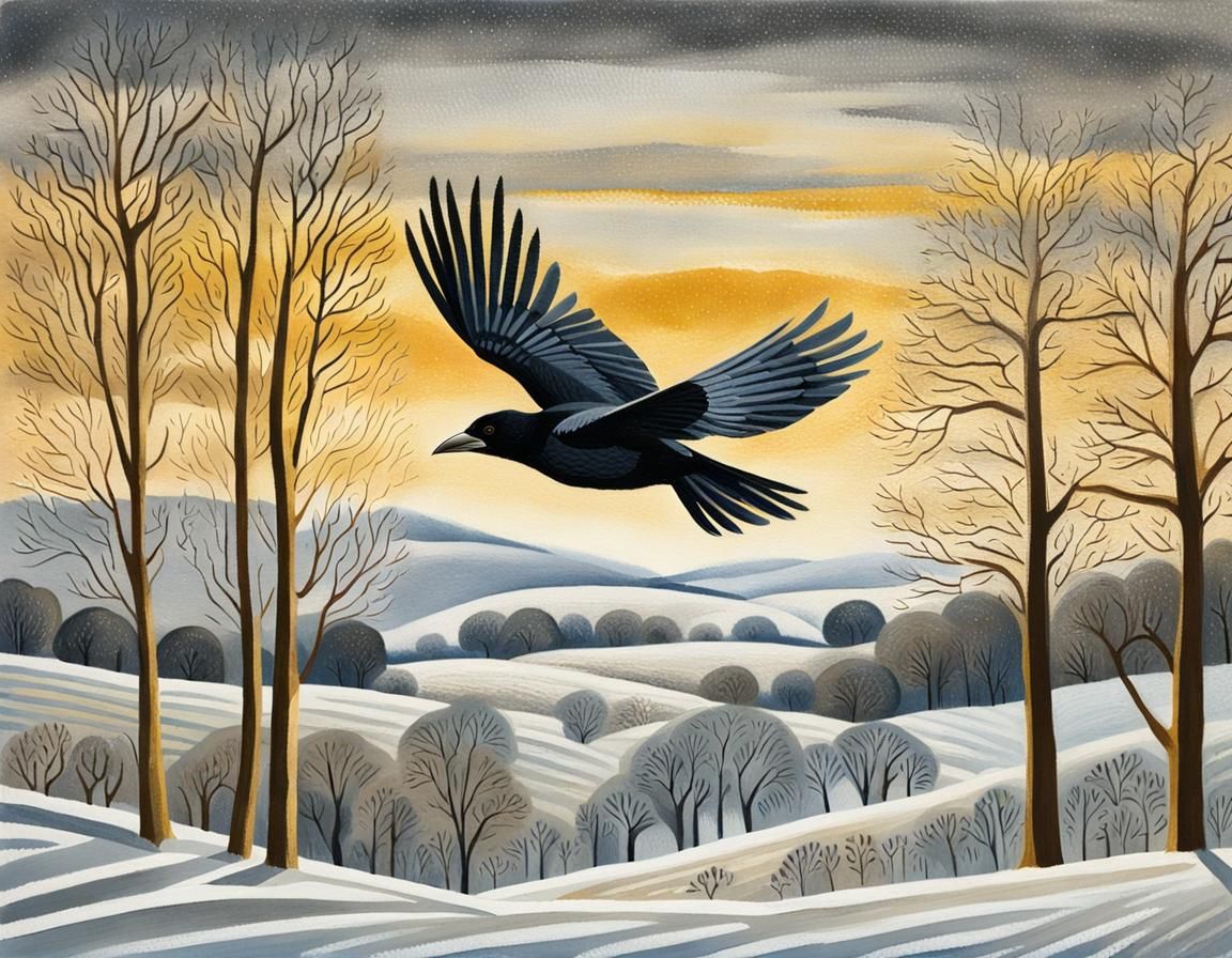 Crow in Winter Landscape, Gouache Style