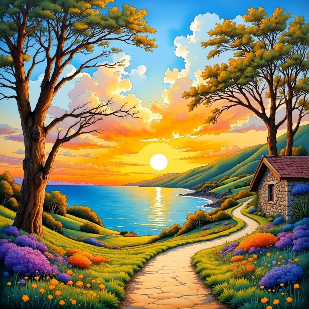 Neurographic Country Landscape with Winding Paths