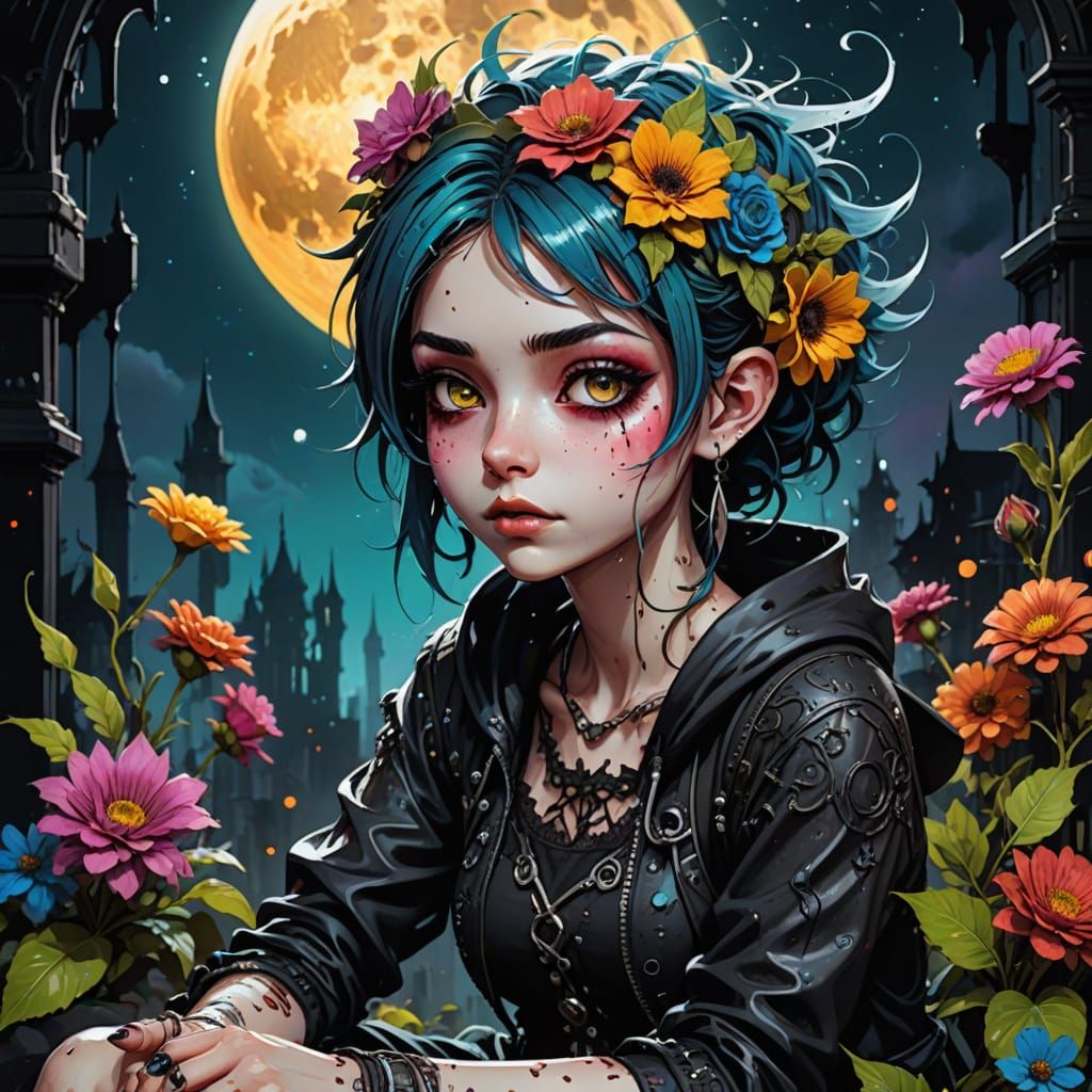 Whimsical Gothic Pixie on Crescent Moon in Graffiti Art