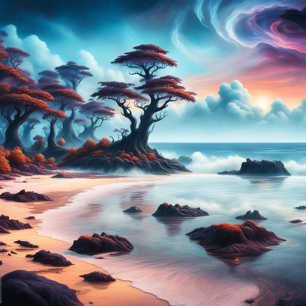 Haunted Island with Ghosts and Fire: Fantasy Matte Painting