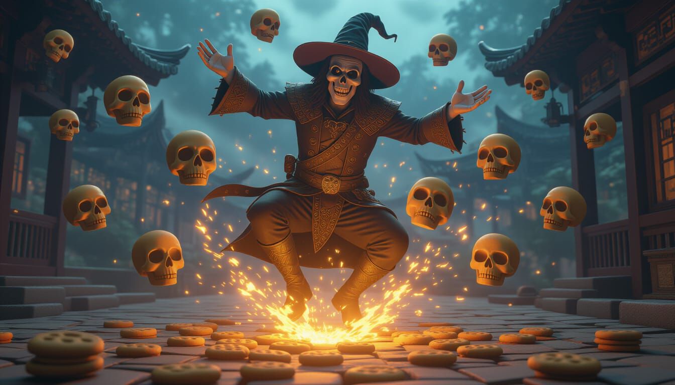 Sorcerer Conjures Floating Skull Cookies in Magical Glow