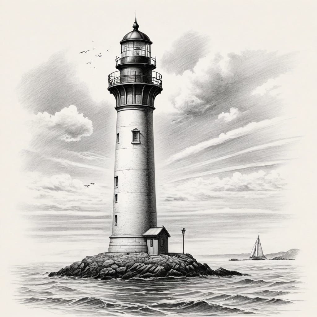 Detailed Pencil Sketch of a Lighthouse