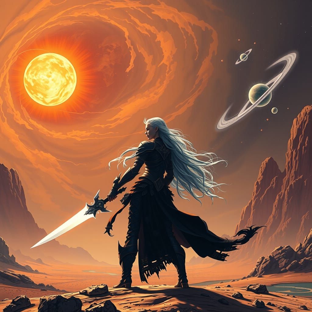 Mysterious Drow Warrior in Alien Desert Landscape