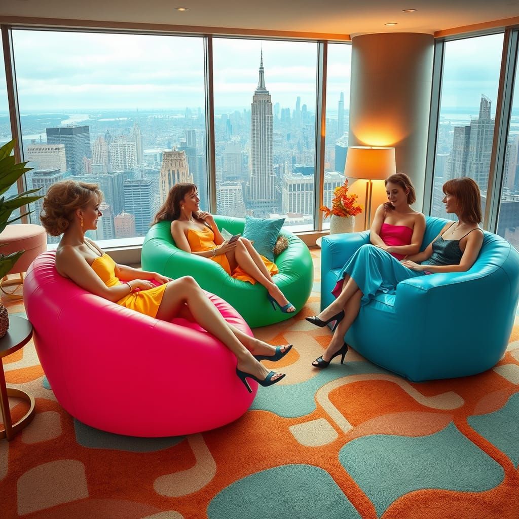 Women in 1960s Glamour Lounge on Vibrant Inflatable Furnitur...
