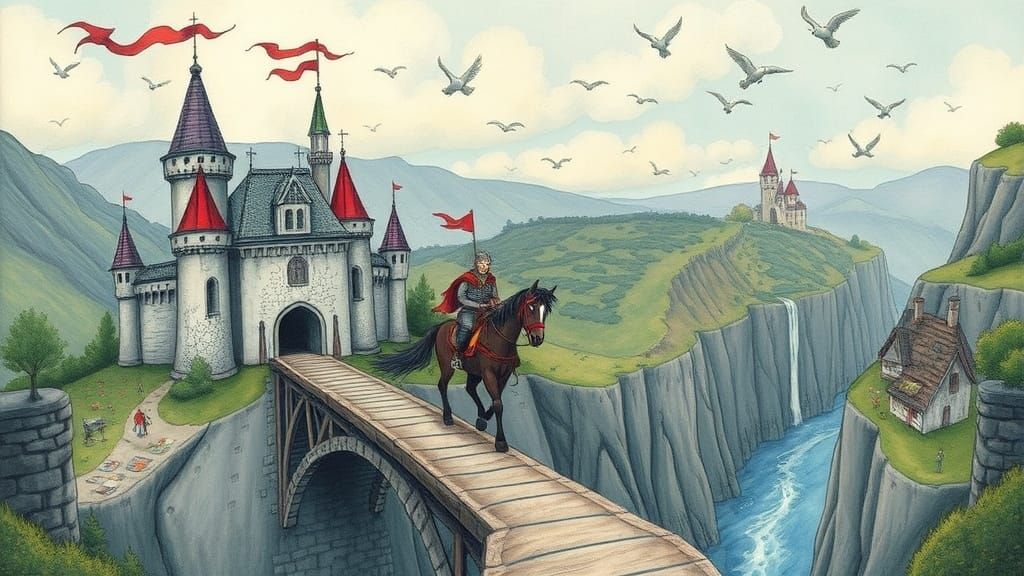 Whimsical Castle Scene with Adventurous Warrior and Village