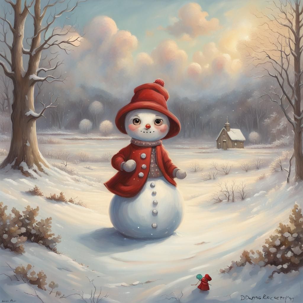Woman in Christmas Dress Building Snowman