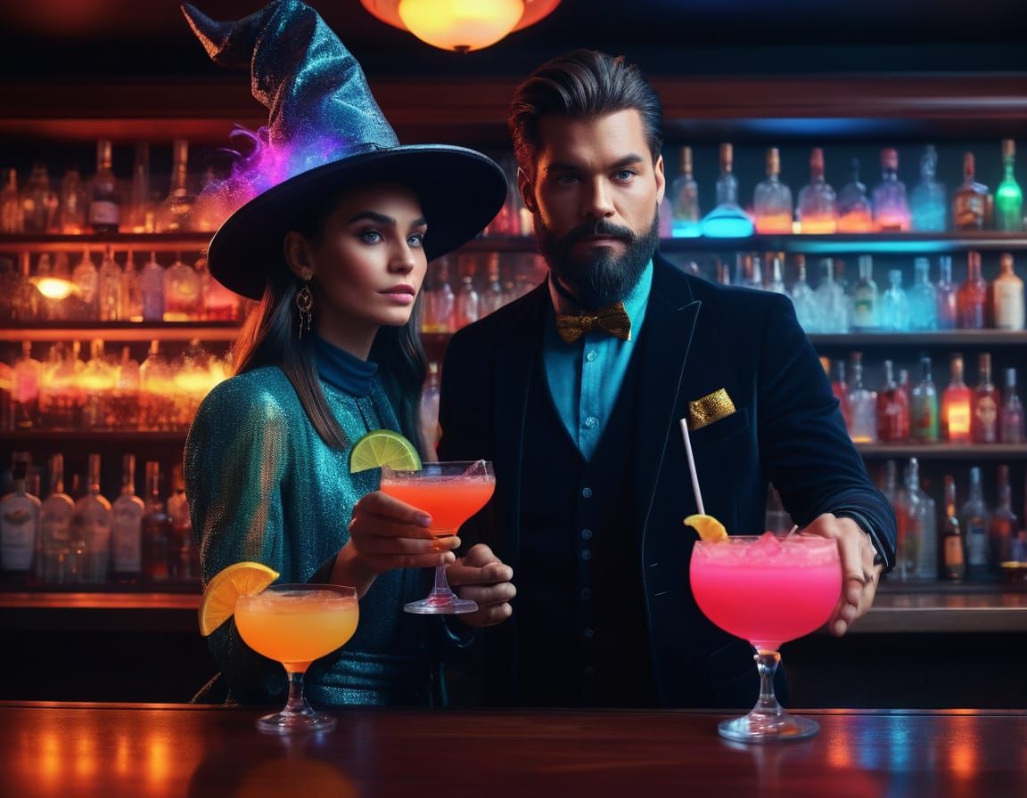 Magical Bartenders in a Vibrant Neon-Lit Bar