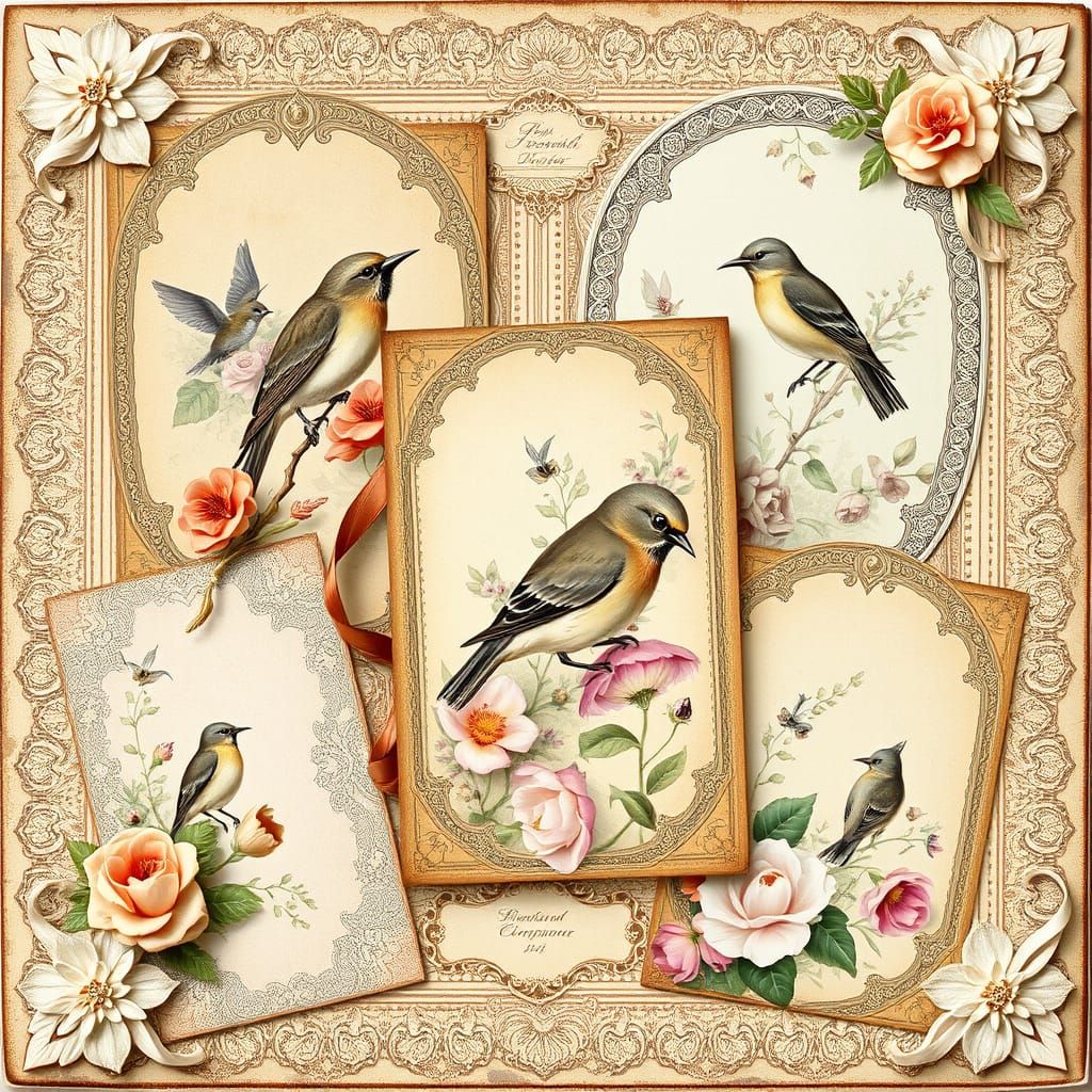 Elegant Victorian-Style Scrapbook Cards with Floral Patterns...