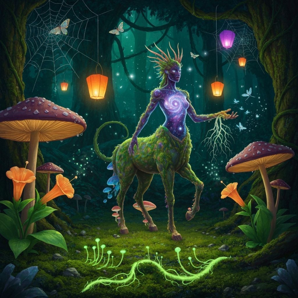 Bioluminescent Centaur in Starlight Rainforest