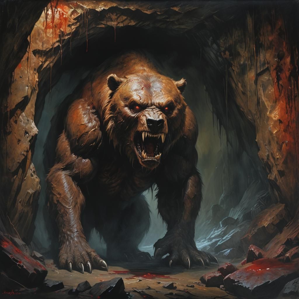 Fierce Cave Bear in Dark Cave, Prehistoric Horror