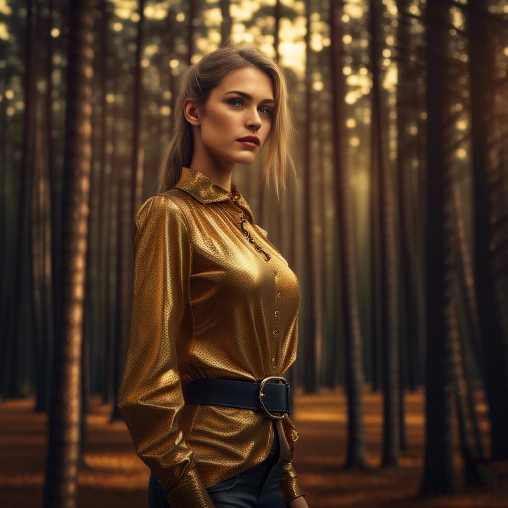 Young Woman in Golden Blouse in Pine Forest