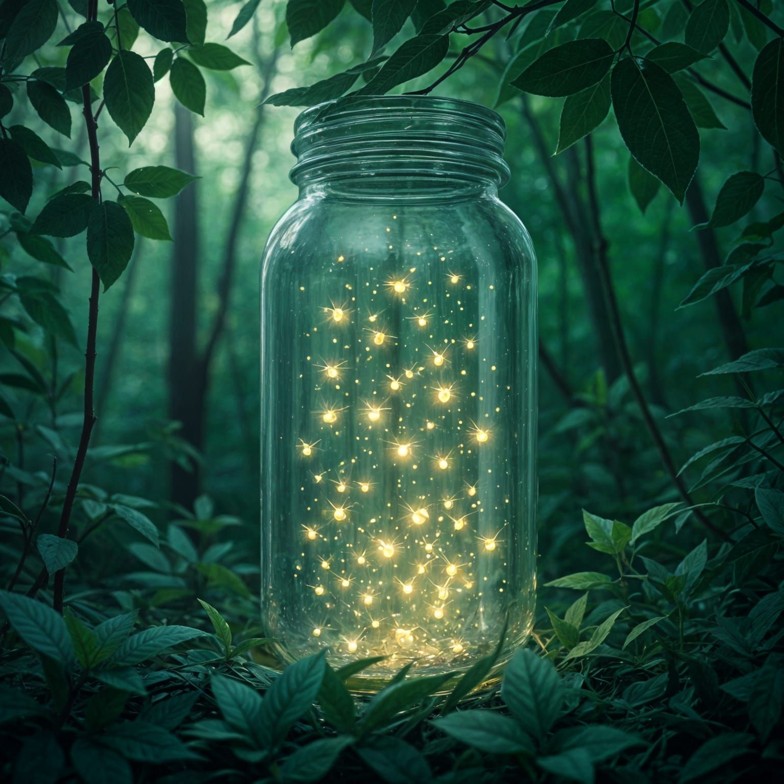 Whimsical Forest Scene with Fireflies in a Vintage Jar