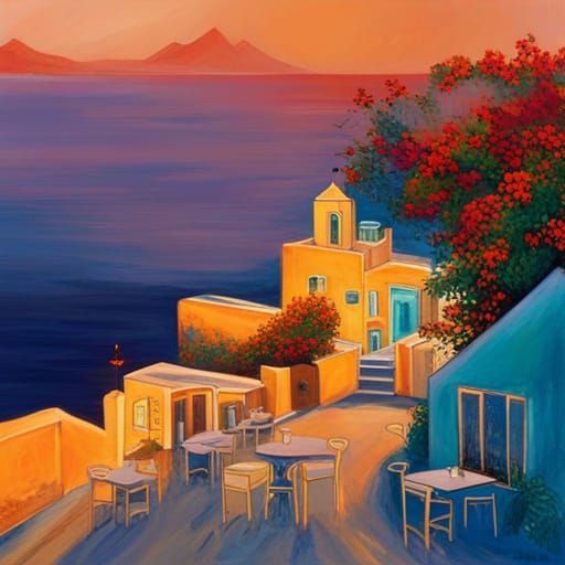 Santorini Cafe: Romantic Shin-Hanga Splash Art