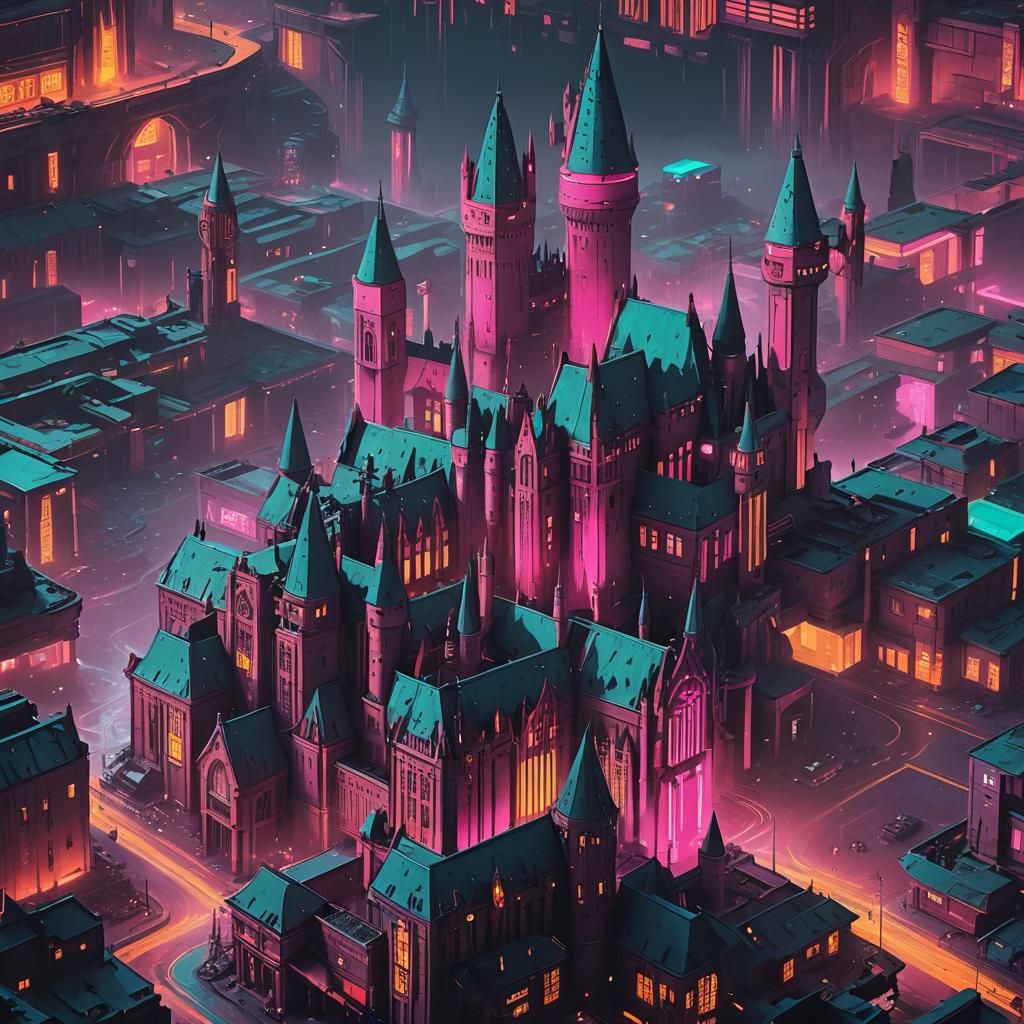 Hogwarts in Cyberpunk 2099 Neon Style