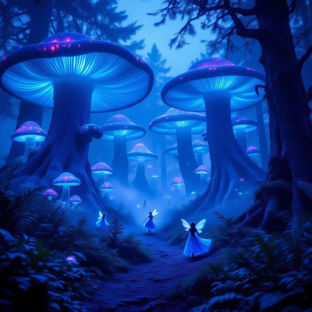 Enchanted Forest at Twilight with Bioluminescent Mushrooms