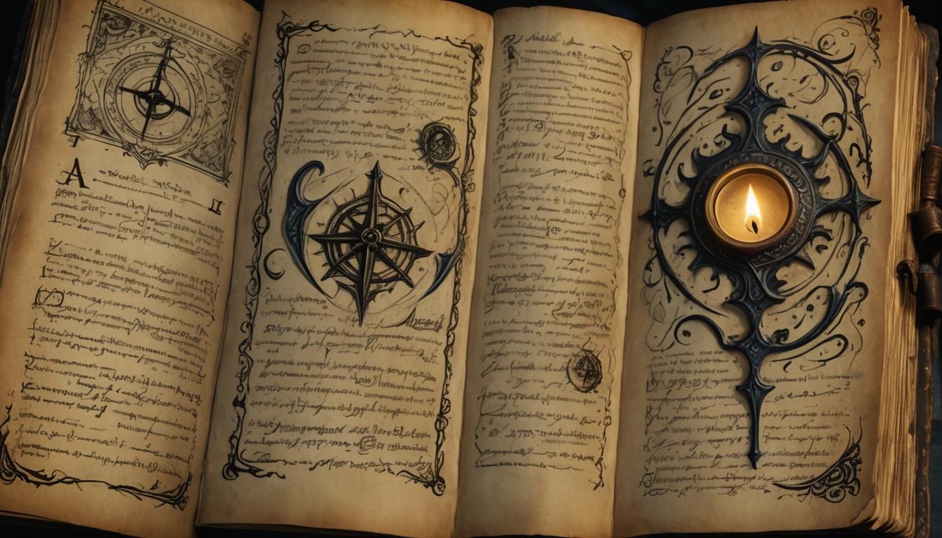 Mysterious Old Diary with Eerie Illustrations in Dark Fantas...