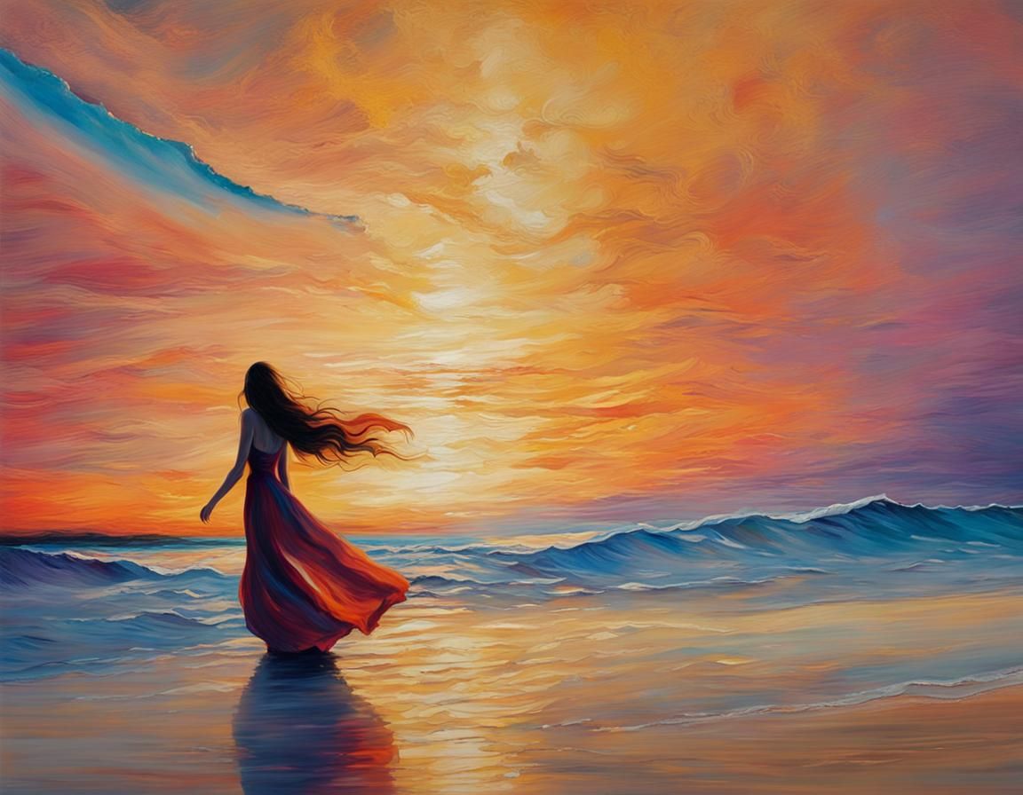 Woman Walks on Beach: Acrylic Painting in 8K
