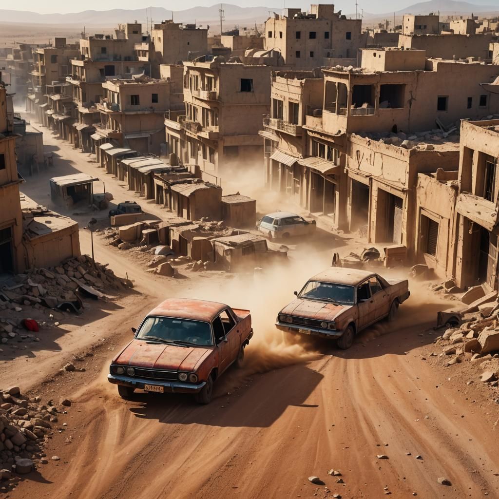 Worn Car in Dusty Syrian Street: Vivid Digital Art