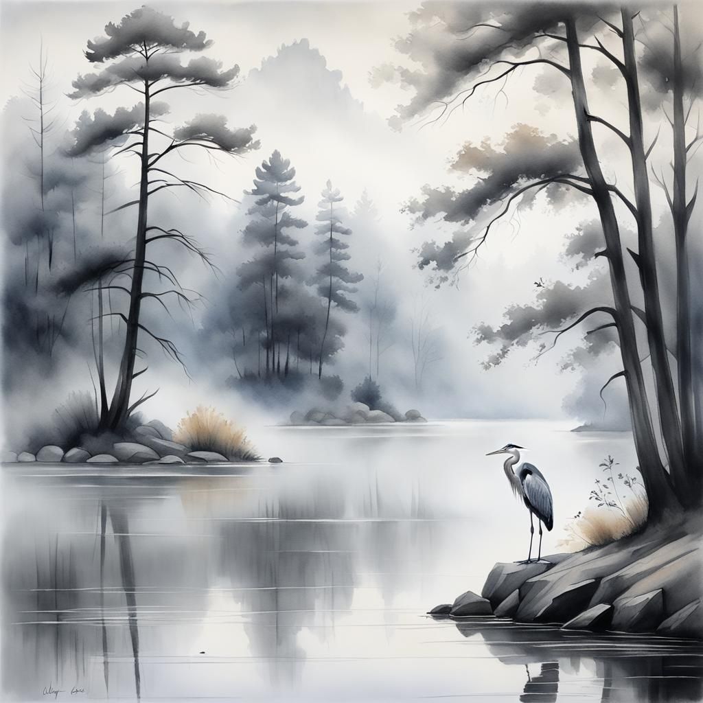 Misty Lake Landscape in Sfumato Watercolor