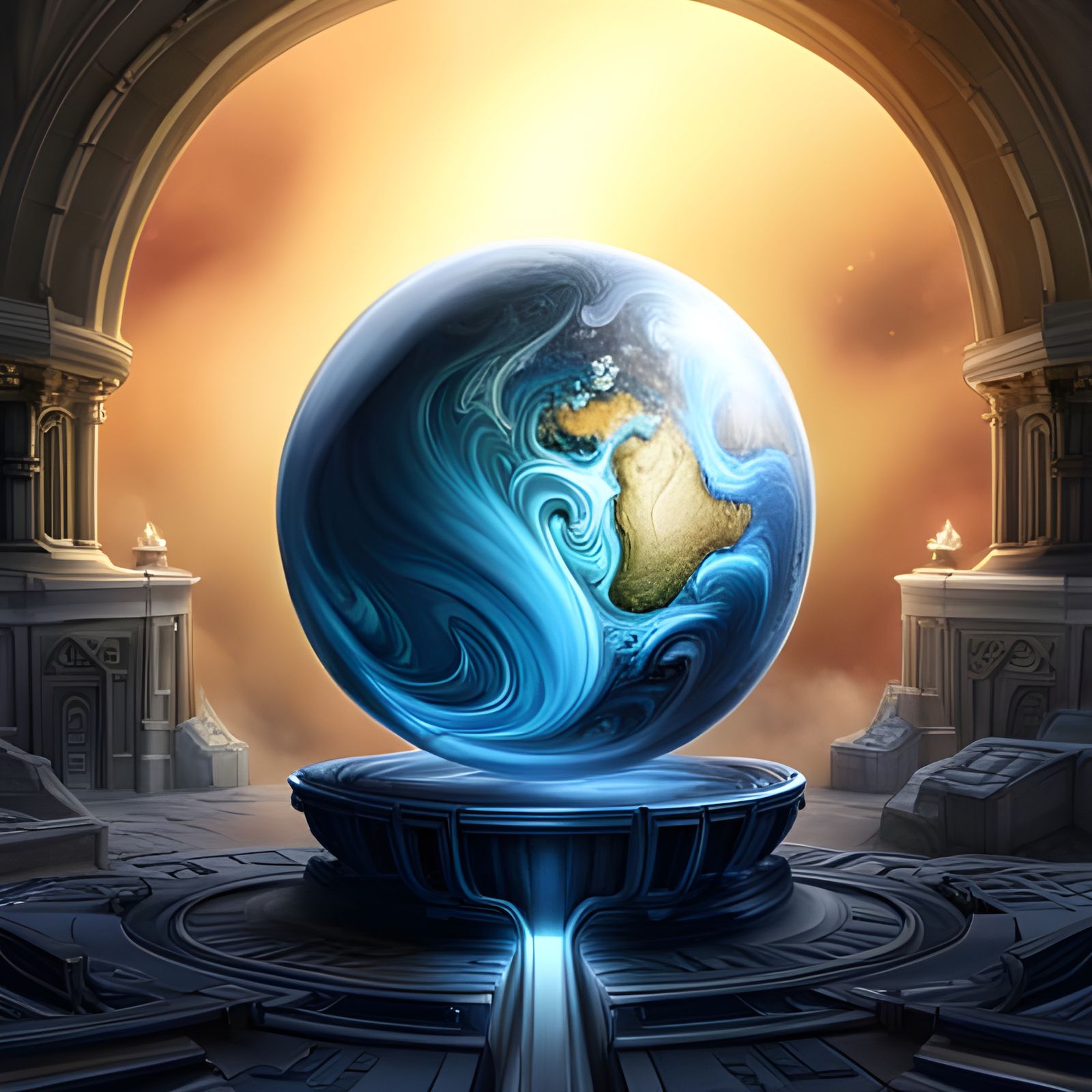 Ornate Pedestal with Crystal Orb and Cosmos, Digital Art