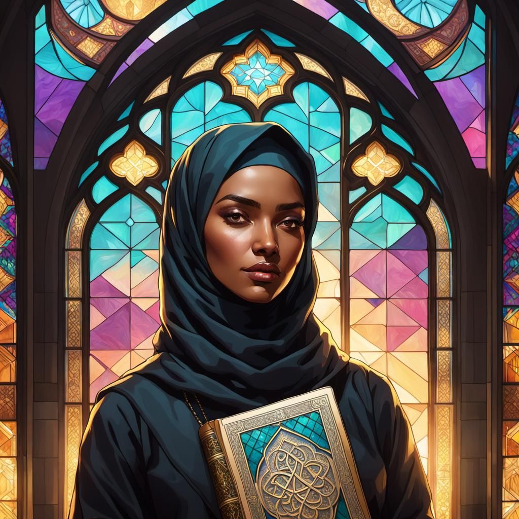 Vaporwave Portrait of Muslim Woman in Gothic Church