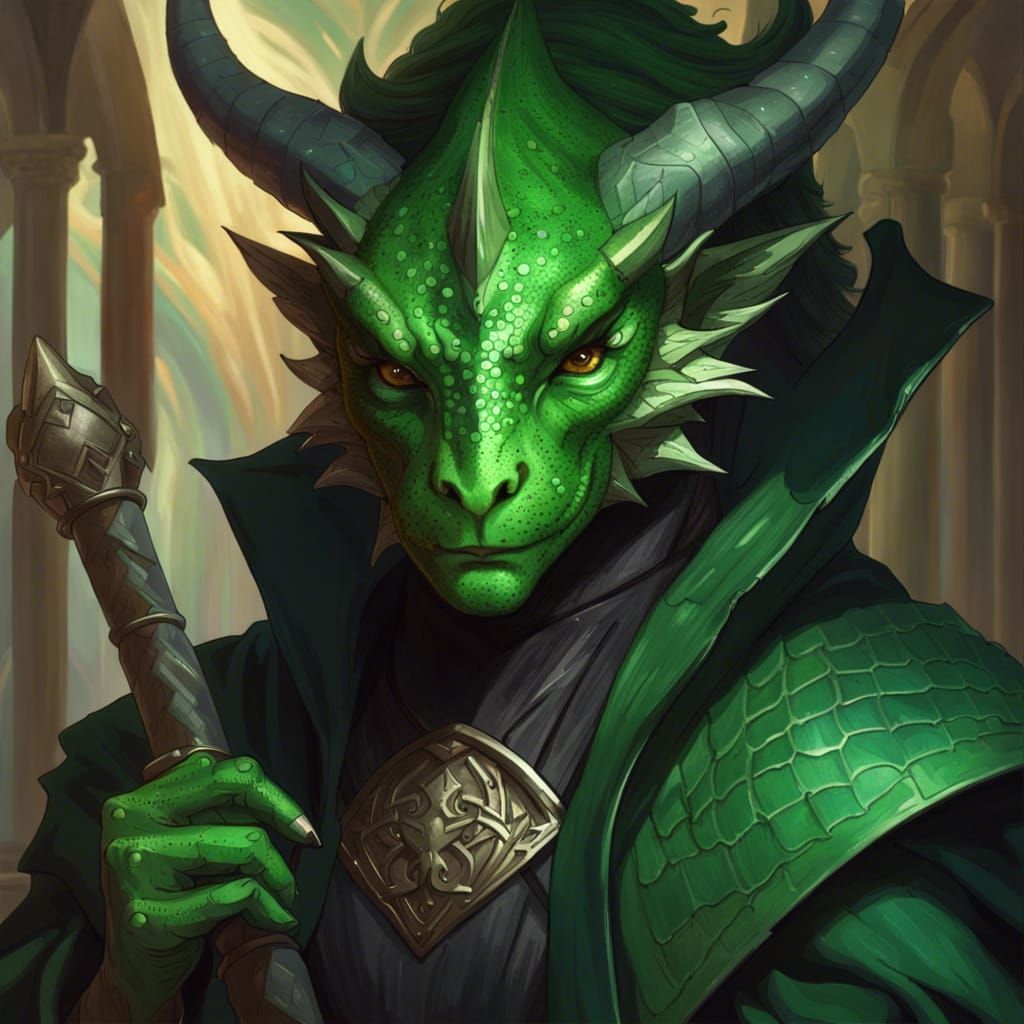 Dragonborn Sorcerer Portrait in Art Nouveau Style