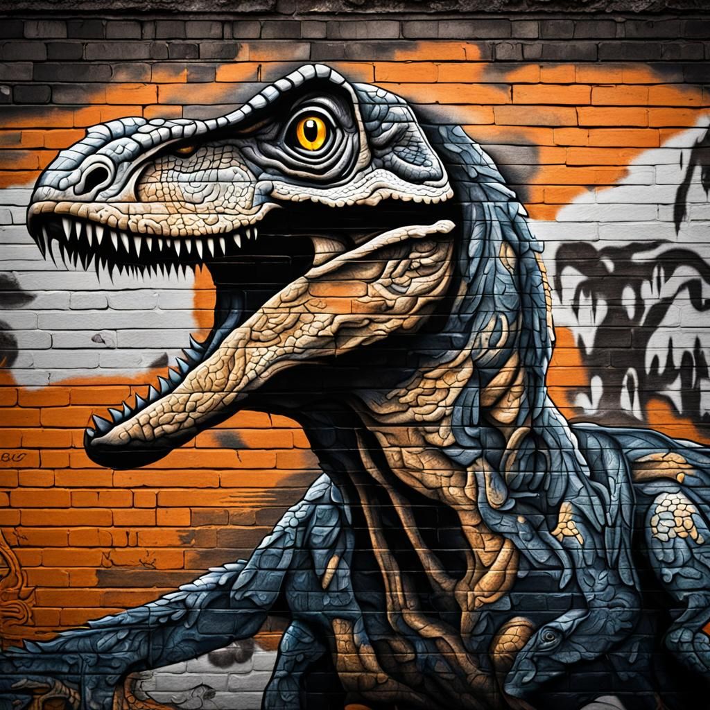 Hyperrealistic Velociraptor Graffiti Art