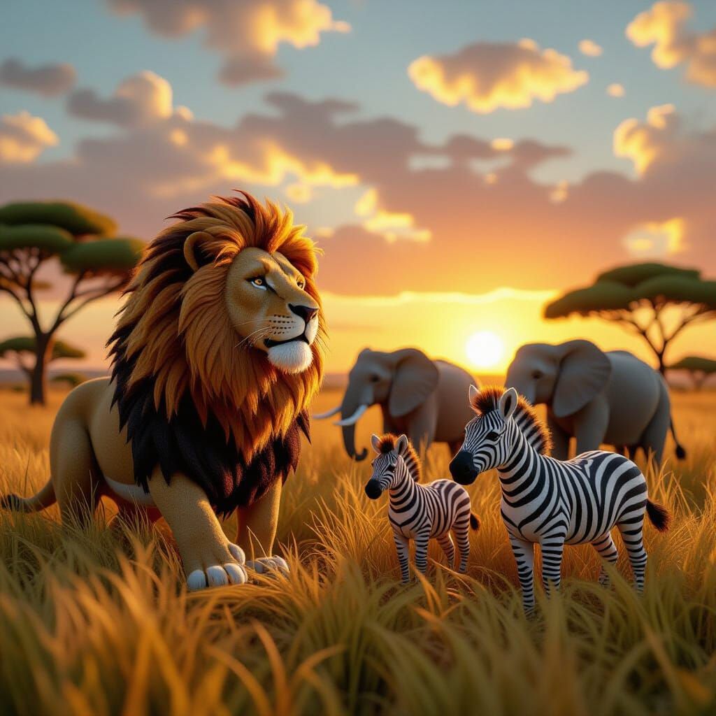 Felted Safari Landscape with Lion, Hyperdetailed Style