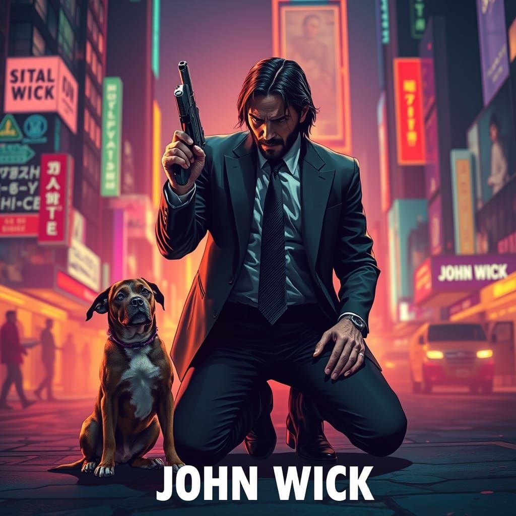 John Wick in Heroic Pose with Loyal Dog, Hyperrealistic City...
