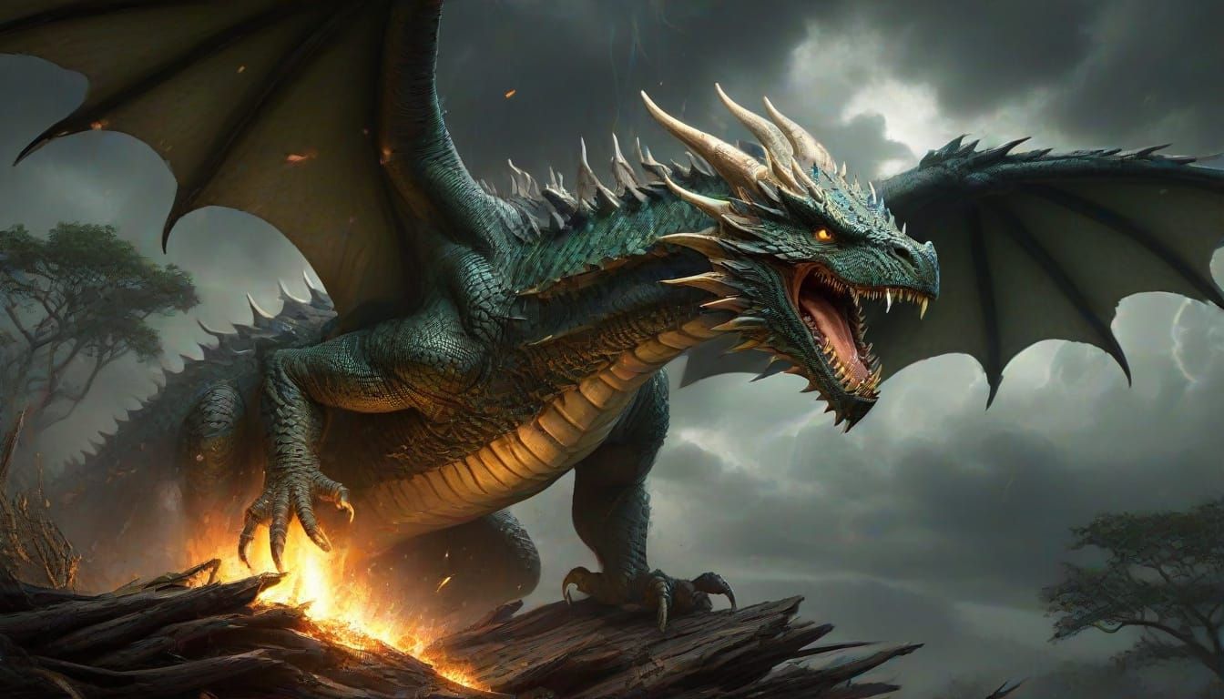 Dark Green Dragon Unleashes Fury on Stormy Day