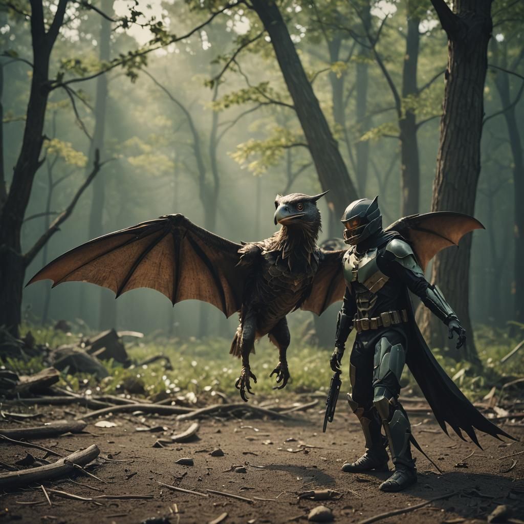 Humanoid Eagle Bat Grasshopper Hybrid in Film Style