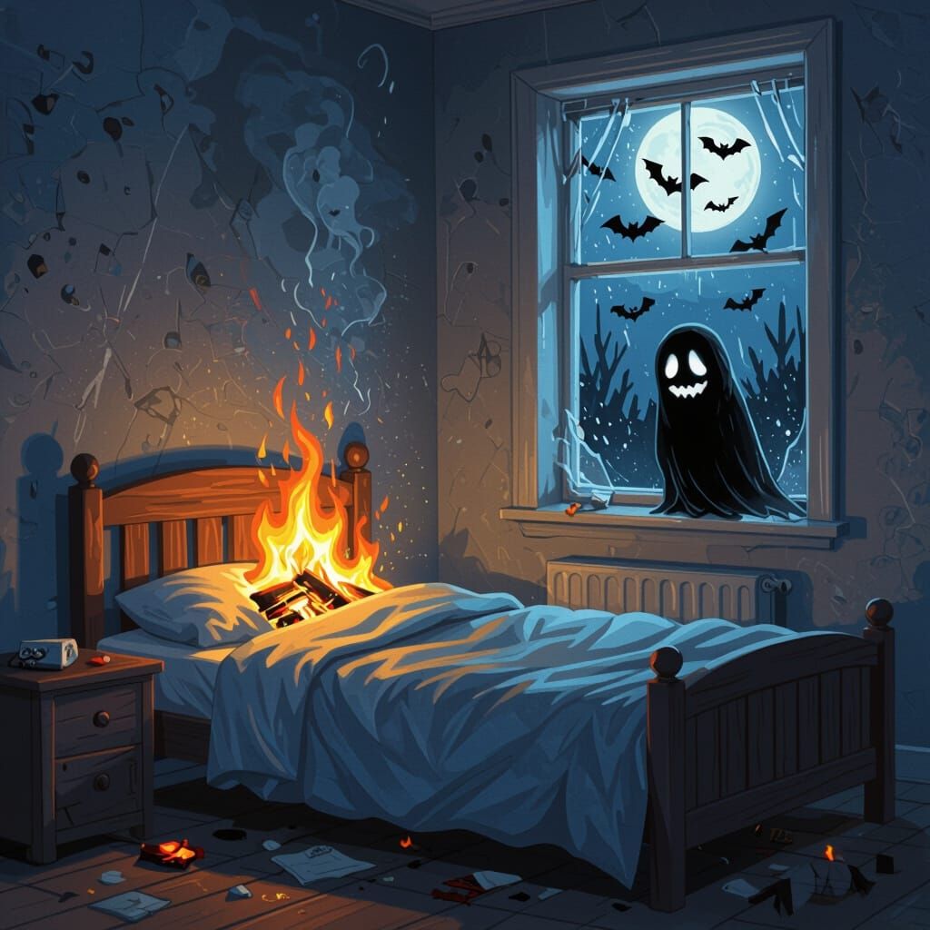Haunted Bedroom with Fiery Bed and Ghost