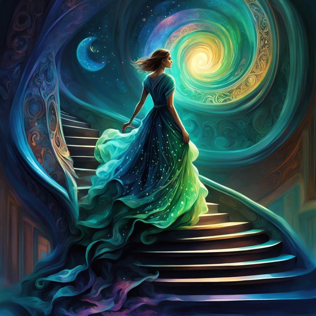 Ethereal Staircase Transcending Cosmic Realms in Vibrant, Dr...