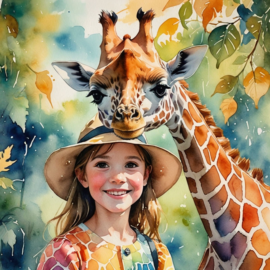 Giraffe and Girl in Safari Hat: Watercolor Impression