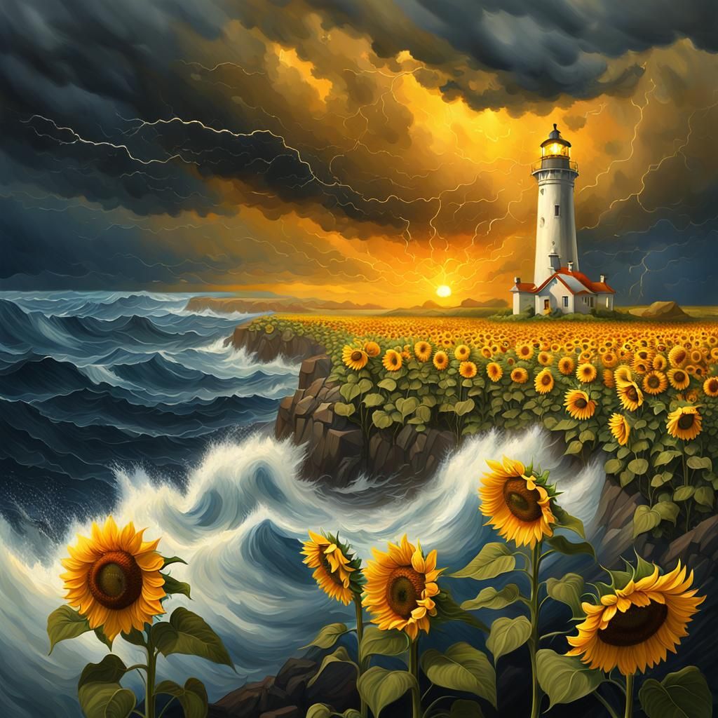 Sunflowers Surround Lighthouse in Stormy, Golden Light
