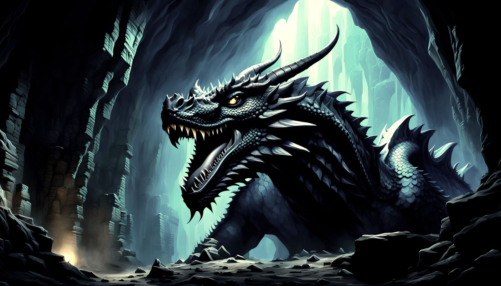 Black Dragon in Cavernous Lair: Photorealistic Fantasy Horro...