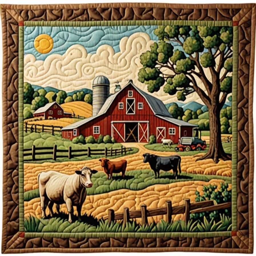 Cozy Rustic Farm Scene in Quilted Frame