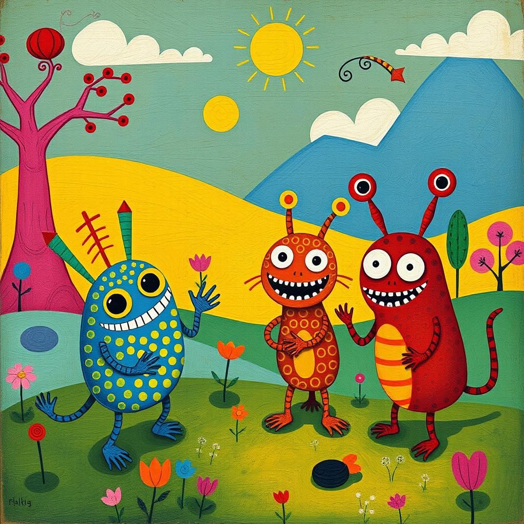 Whimsical Monsters Play in Surreal Landscape