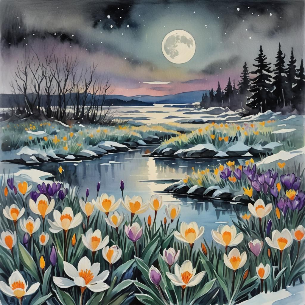 Arctic Winter Moon in Gouache Watercolor Style
