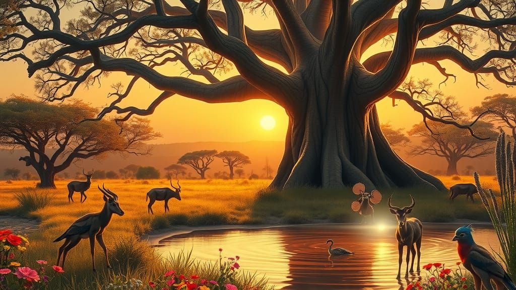 African Savannah Baobab Tree Scene in Digital Art Style