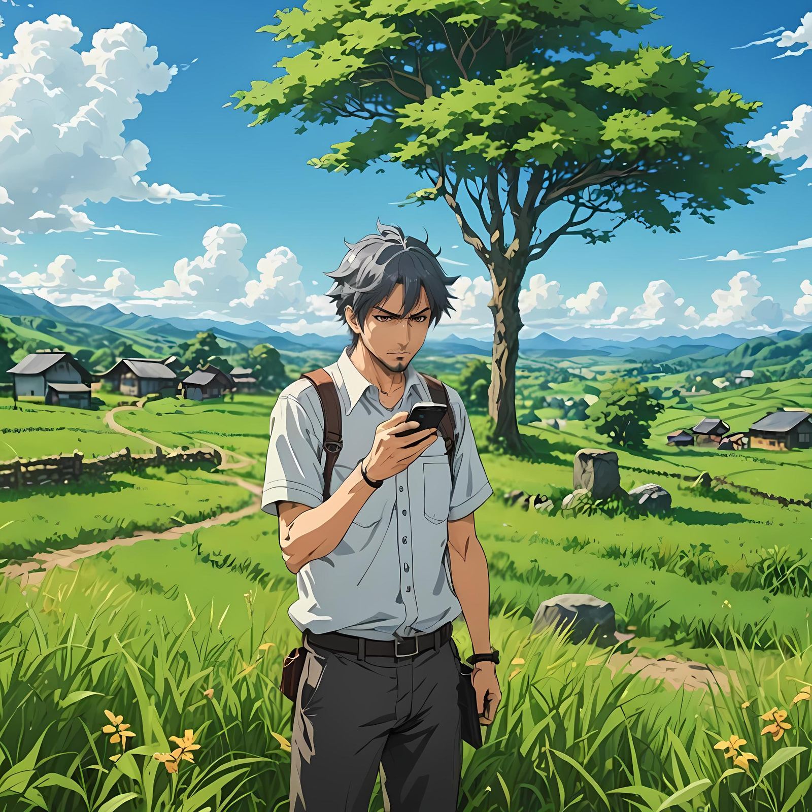 Anime Man Using Smartphone in Countryside
