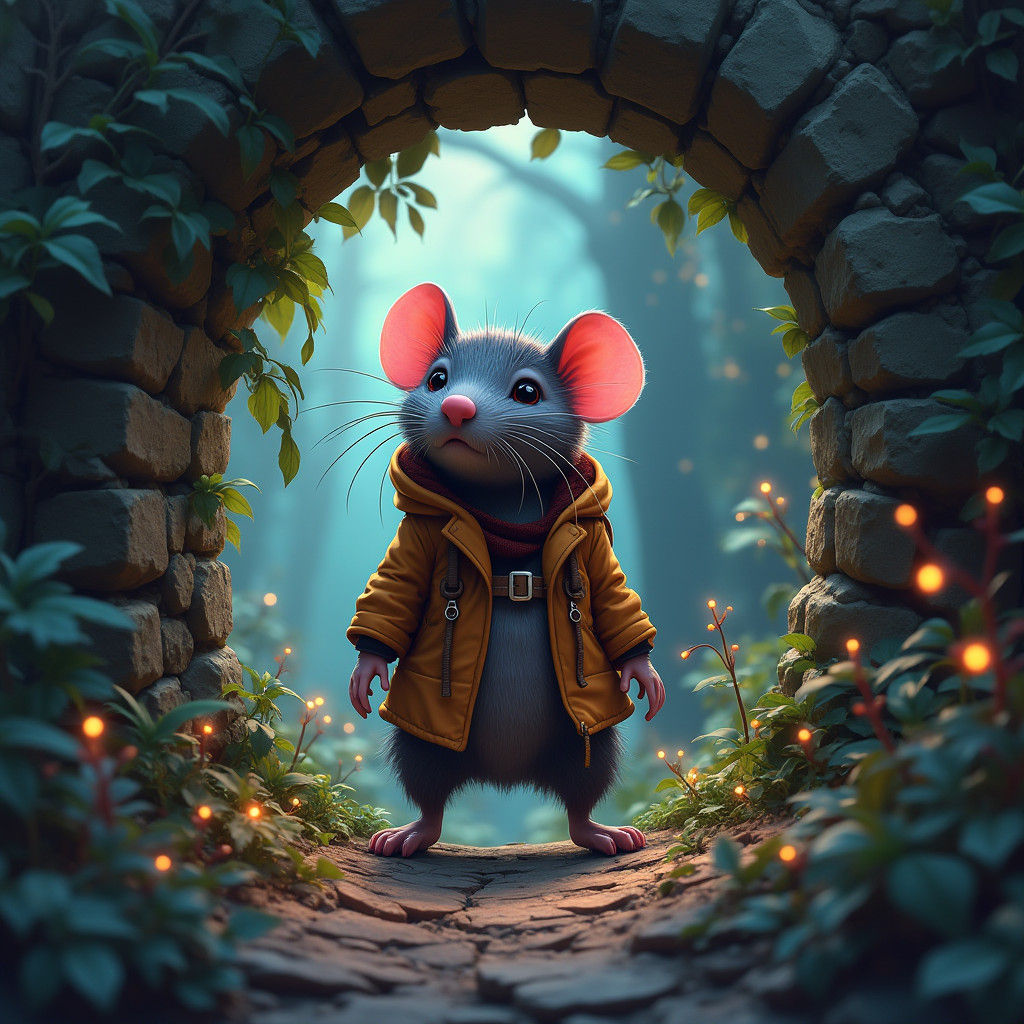 Whiskered Rat Explorer Emerges from Stone Wall