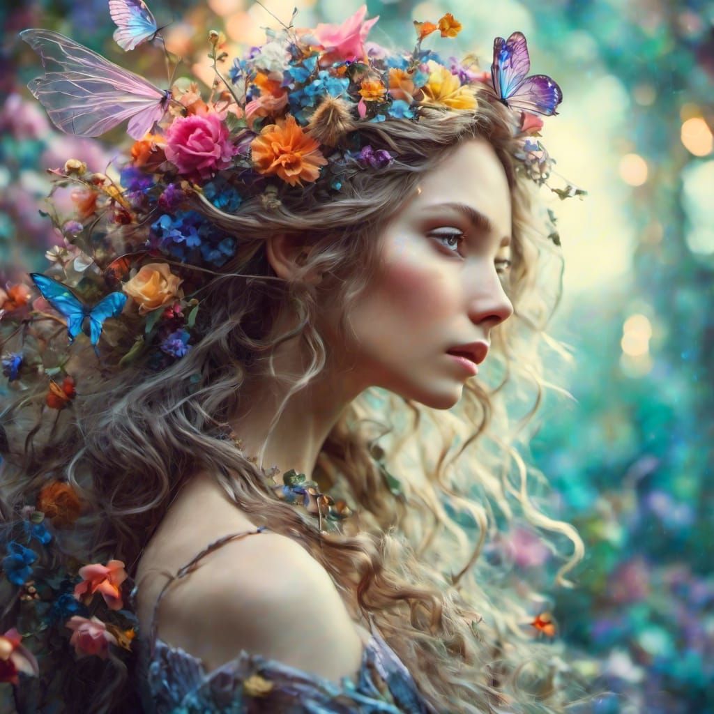 Ethereal Fairy Portrait with Flowing Hair and Flowers