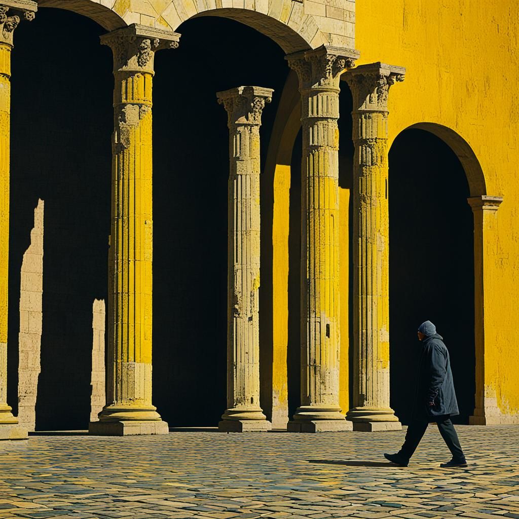 Robbed Man Walks Past Castle Columns in Chiaroscuro