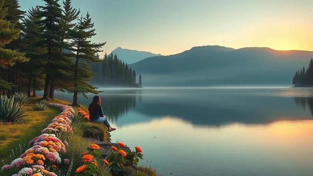 Woman by Lake at Dusk in Pablo Amaringo Style