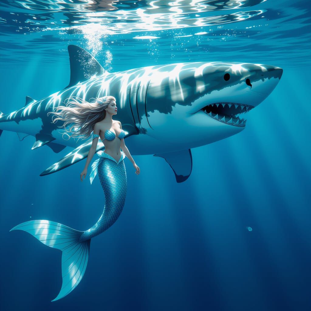 Mermaid and Great White Shark in 3D Rendered Style