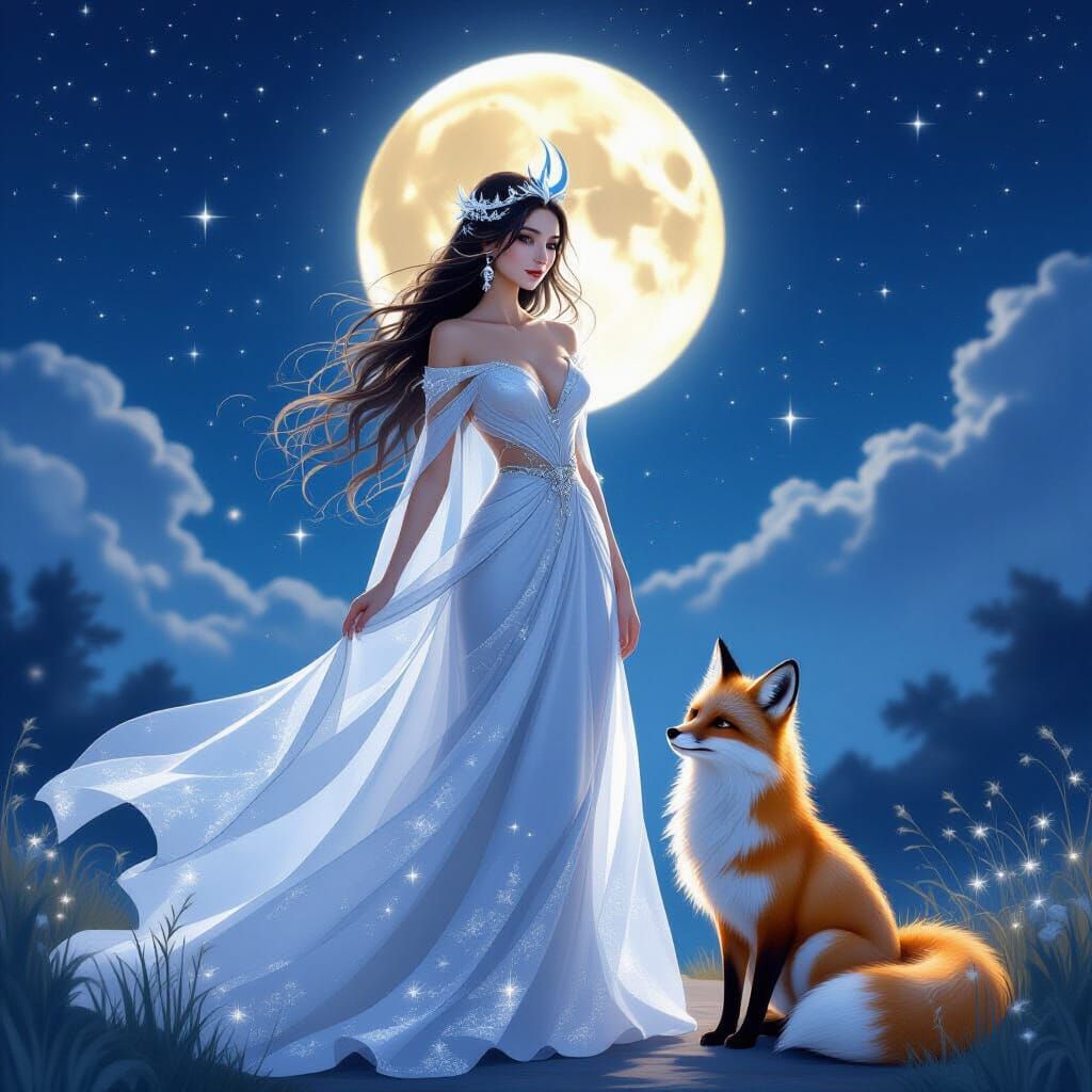 Moon Queen in Flowing Gown Under Moonlight